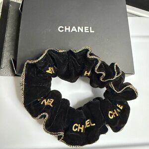CHANEL Black Velvet Hair Scrunchie with Gold Accents